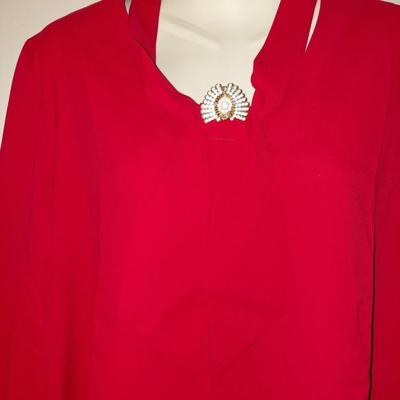 Red Tie Neck Blouse with Rhinestone Brooch NWT - Picture 6 of 13